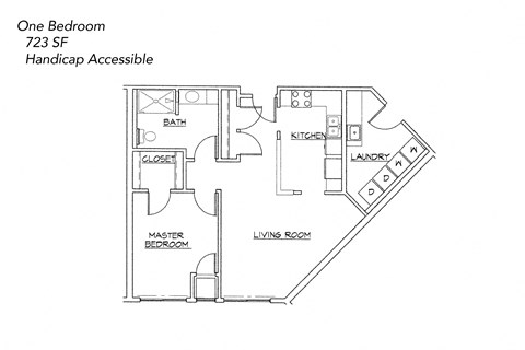 Floor plan for 1 bed, 1 bath, 723 sqft
